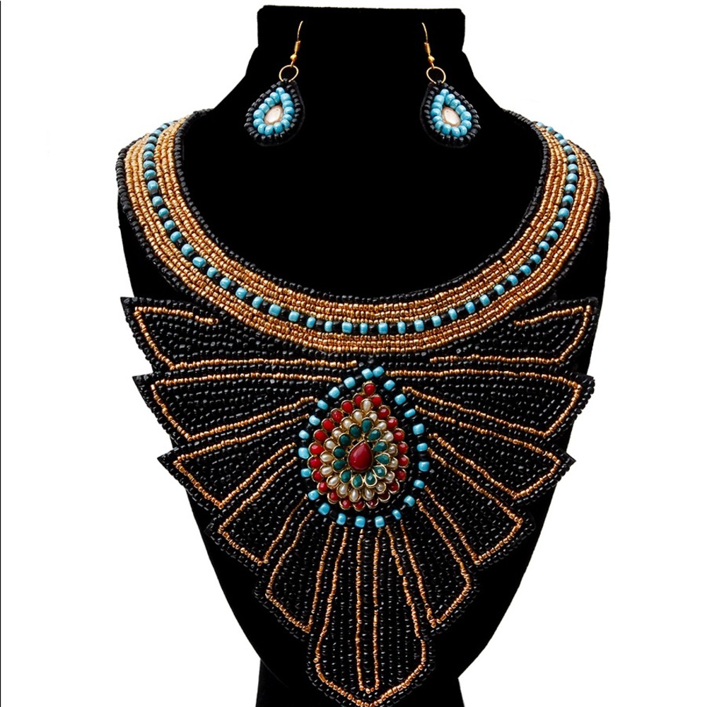 Black & Gold Bead Necklace & Earring Set